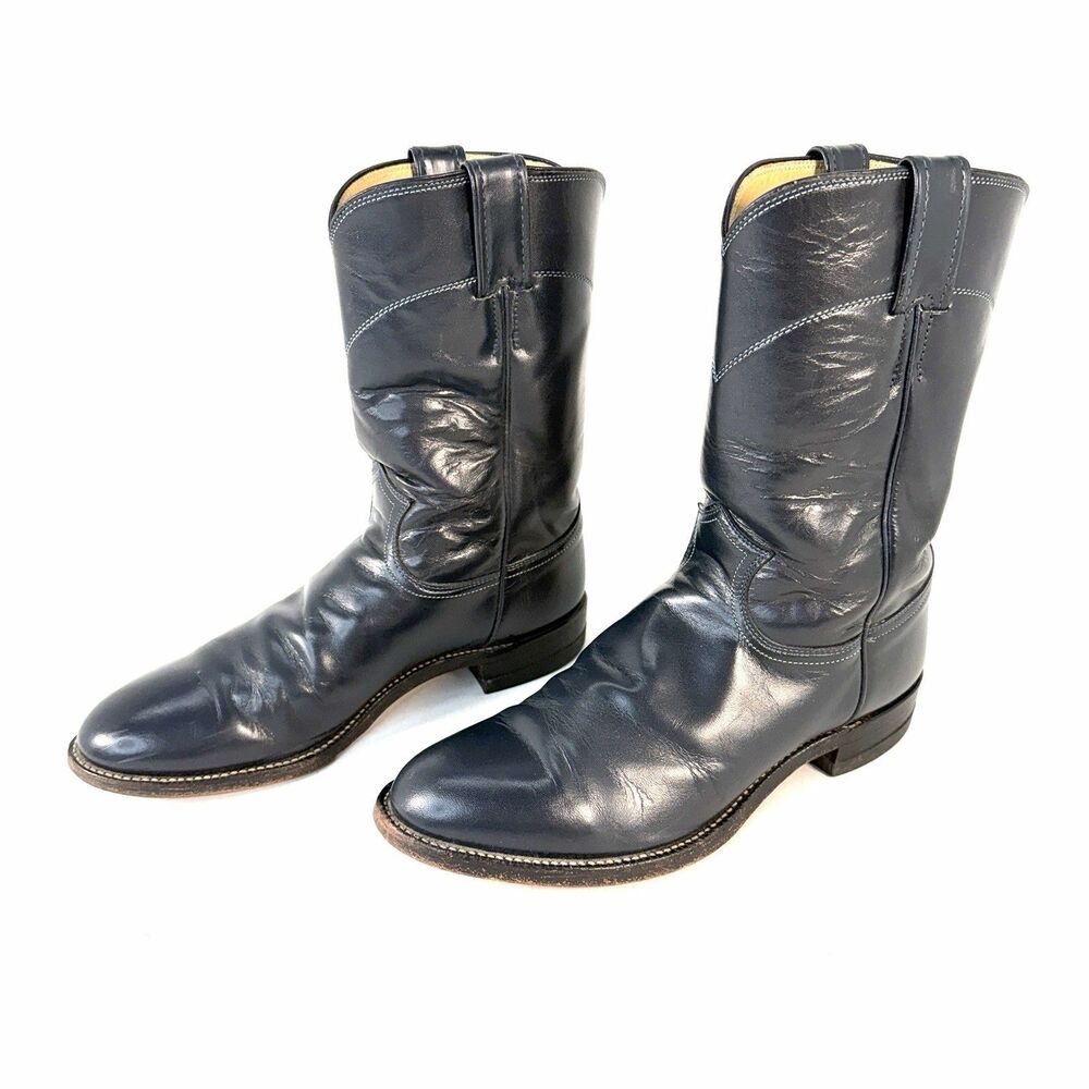 Vintage Justin Roper Men’s 8.5D Cowboy Western Boots Dark Blue Gray Leather 3024